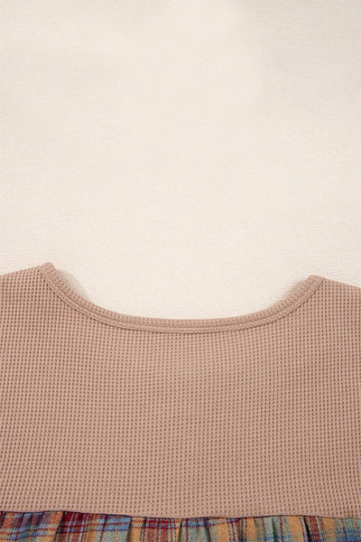 Women's Straw Yellow Waffle Knit Henley with Patchwork Sleeves