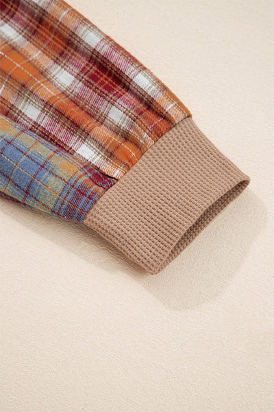 Women's Straw Yellow Waffle Knit Henley with Patchwork Sleeves