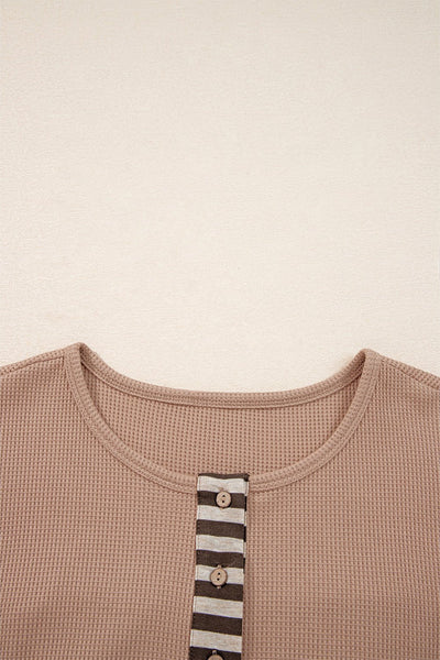 Women's Straw Yellow Waffle Knit Henley with Patchwork Sleeves