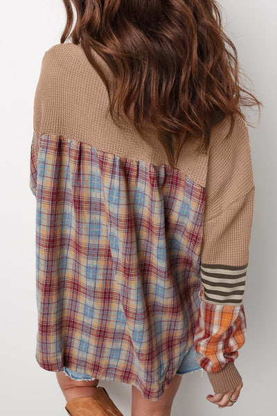 Women's Straw Yellow Waffle Knit Henley with Patchwork Sleeves