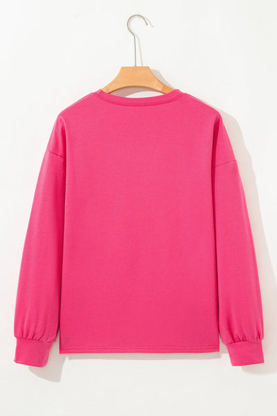 Women's Strawberry Pink Patchwork Hem Long Sleeve Pullover
