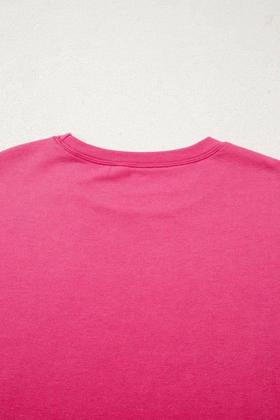 Women's Strawberry Pink Patchwork Hem Long Sleeve Pullover