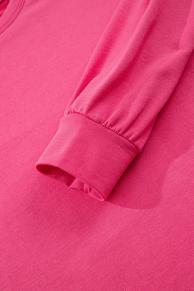 Women's Strawberry Pink Patchwork Hem Long Sleeve Pullover