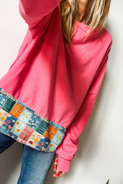 Women's Strawberry Pink Patchwork Hem Long Sleeve Pullover