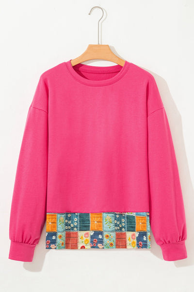 Women's Strawberry Pink Patchwork Hem Long Sleeve Pullover