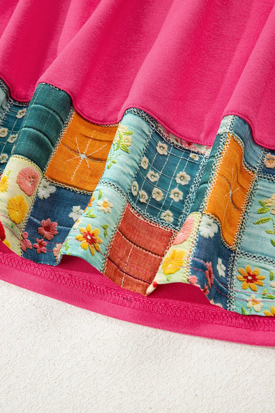 Women's Strawberry Pink Patchwork Hem Long Sleeve Pullover