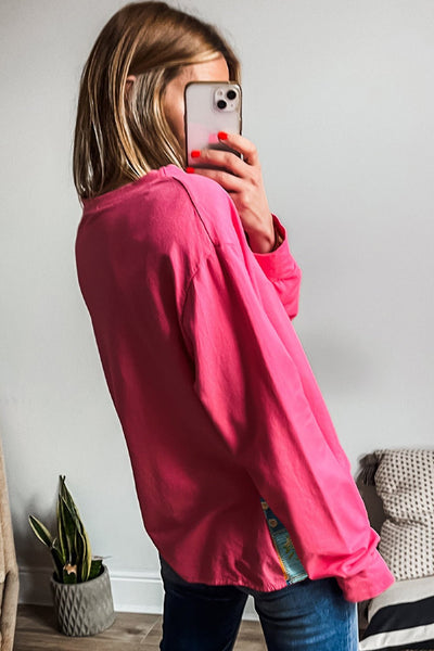 Women's Strawberry Pink Patchwork Hem Long Sleeve Pullover