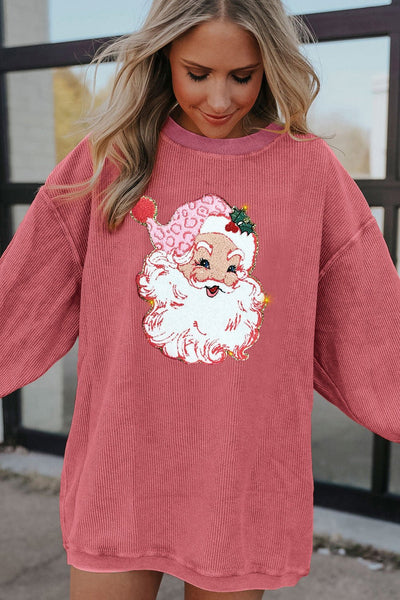 Women's Strawberry Pink Ribbed Sparkle Santa Sweatshirt
