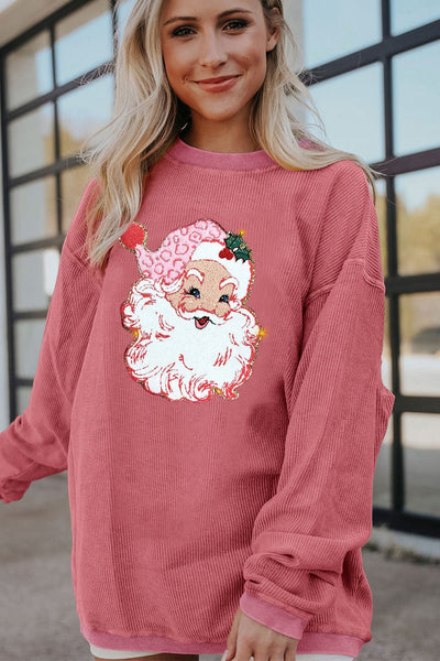Women's Strawberry Pink Ribbed Sparkle Santa Sweatshirt