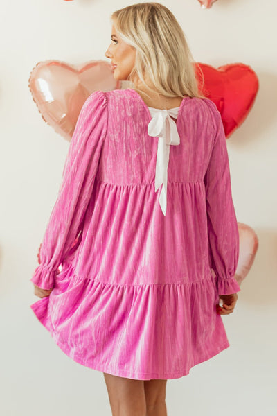 Women's Strawberry Pink Velvet Tiered Mini Dress with Bishop Sleeves