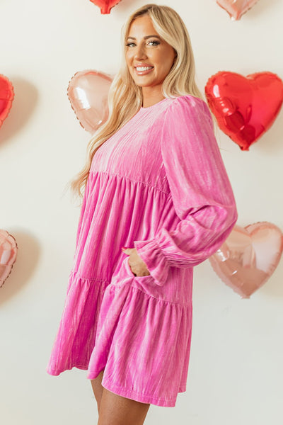 Women's Strawberry Pink Velvet Tiered Mini Dress with Bishop Sleeves