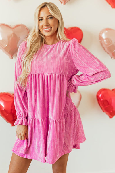 Women's Strawberry Pink Velvet Tiered Mini Dress with Bishop Sleeves