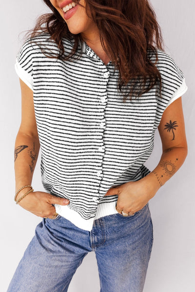 Women's Striped Cap Sleeve Viscose Blend Cardigan with Contrast Trim