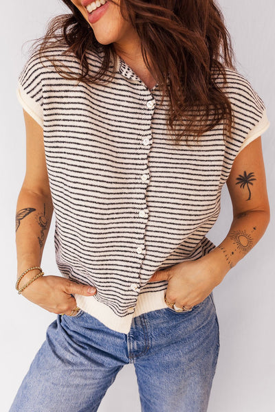 Women's Striped Cap Sleeve Viscose Blend Cardigan with Contrast Trim