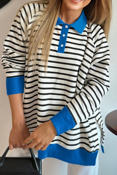 Women's Striped Cotton-Blend Polo Sweatshirt with Azure Contrast