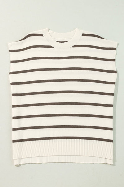 Women's Striped Crew Neck Short Sleeve Knit Sweater in Cream