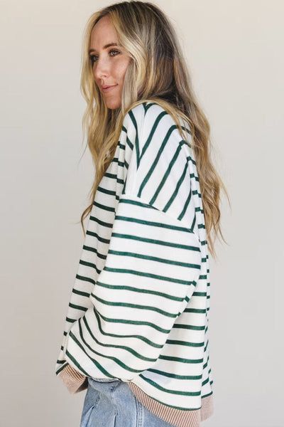 Women's Striped Drop-Shoulder Sweatshirt with Contrast Ribbing
