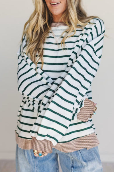 Women's Striped Drop-Shoulder Sweatshirt with Contrast Ribbing
