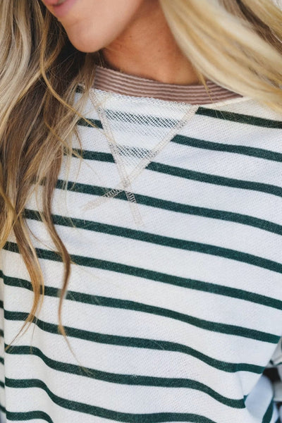 Women's Striped Drop-Shoulder Sweatshirt with Contrast Ribbing