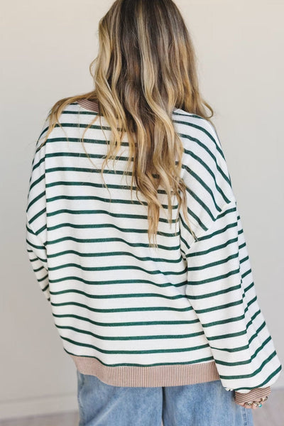 Women's Striped Drop-Shoulder Sweatshirt with Contrast Ribbing