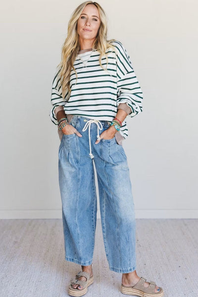 Women's Striped Drop-Shoulder Sweatshirt with Contrast Ribbing