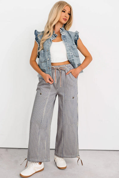 Women's Striped High-Waist Drawstring Utility Jogger Pants