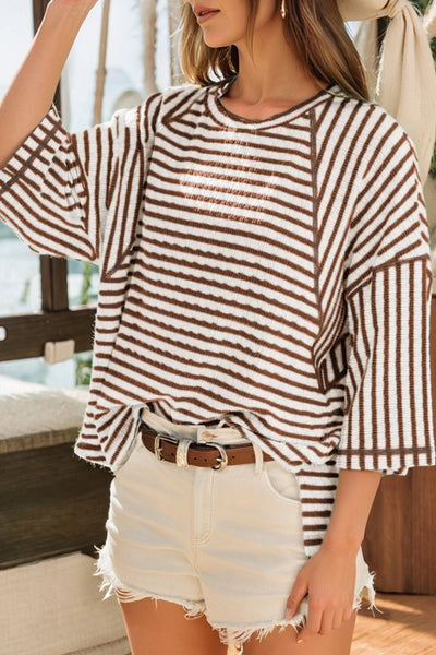 Women's Striped Relaxed Fit Knit Top with Split Hem