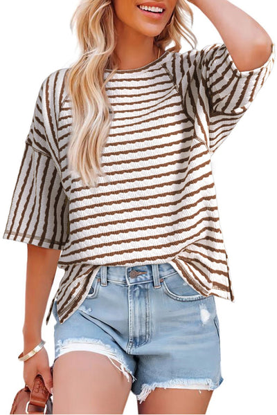 Women's Striped Relaxed Fit Knit Top with Split Hem