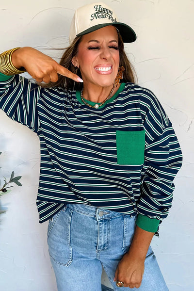 Women's Striped Ribbed Crew Neck Top with Contrast Pocket
