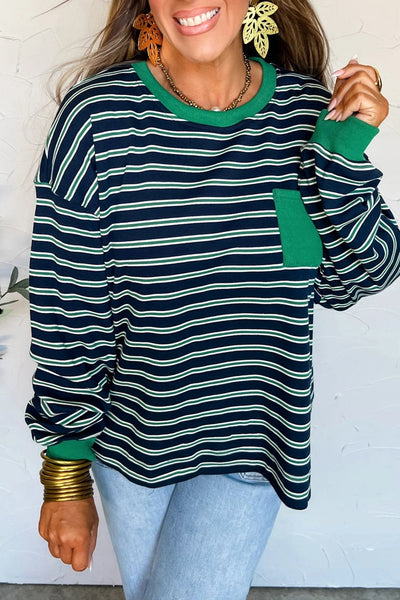 Women's Striped Ribbed Crew Neck Top with Contrast Pocket