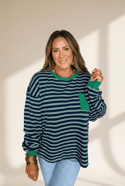 Women's Striped Ribbed Crew Neck Top with Contrast Pocket