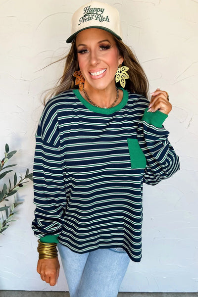 Women's Striped Ribbed Crew Neck Top with Contrast Pocket