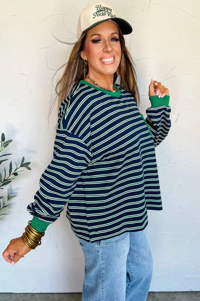 Women's Striped Ribbed Crew Neck Top with Contrast Pocket