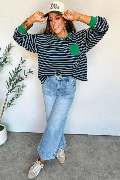 Women's Striped Ribbed Crew Neck Top with Contrast Pocket