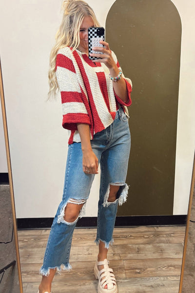 Women's Striped V-Neck Knit Sweater with Bracelet Sleeves
