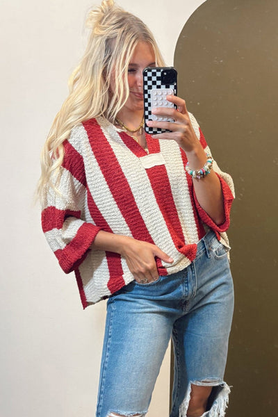 Women's Striped V-Neck Knit Sweater with Bracelet Sleeves