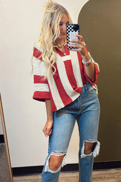Women's Striped V-Neck Knit Sweater with Bracelet Sleeves
