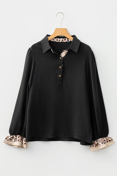 Women's Stylish Women's Black Leopard Print Blouse with Polo Collar, Ruffled Long Sleeves, and Button Front for Trendy Looks