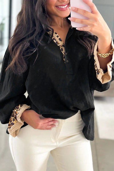 Women's Stylish Women's Black Leopard Print Blouse with Polo Collar, Ruffled Long Sleeves, and Button Front for Trendy Looks