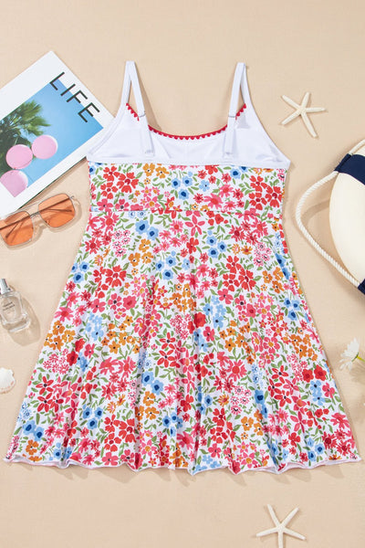 Women's Stylish Women's Red Floral Spaghetti Strap Swim Dress with Ricrac Trim Perfect One-Piece for Summer Beach Outings