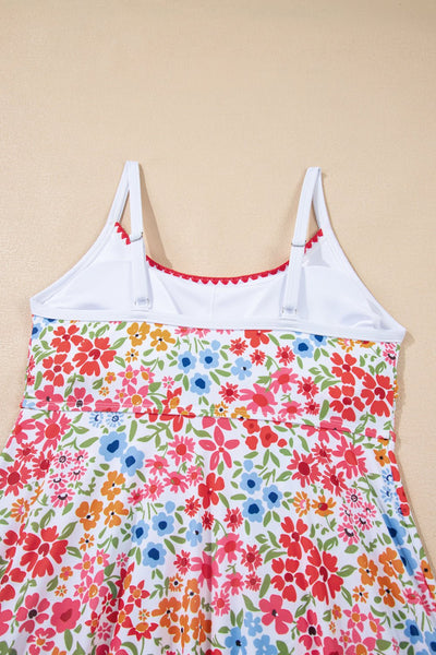 Women's Stylish Women's Red Floral Spaghetti Strap Swim Dress with Ricrac Trim Perfect One-Piece for Summer Beach Outings