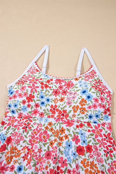 Women's Stylish Women's Red Floral Spaghetti Strap Swim Dress with Ricrac Trim Perfect One-Piece for Summer Beach Outings