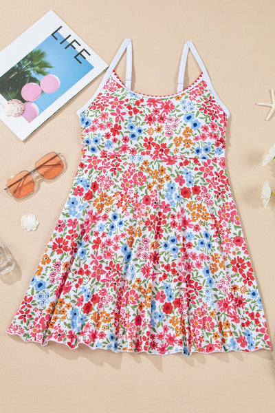 Women's Stylish Women's Red Floral Spaghetti Strap Swim Dress with Ricrac Trim Perfect One-Piece for Summer Beach Outings