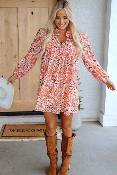 Women's Sunset Orange Abstract Print Boho Shift Dress