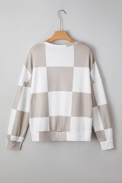 Women's Taupe Checkered Waffle Knit Long Sleeve Blouse