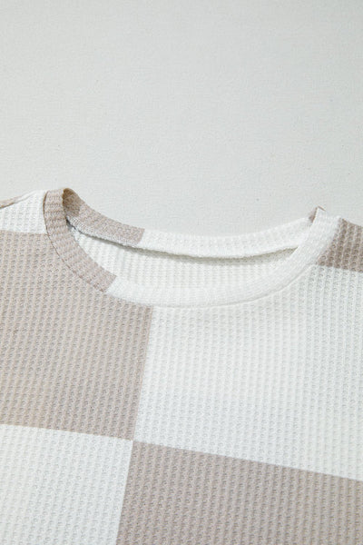 Women's Taupe Checkered Waffle Knit Long Sleeve Blouse