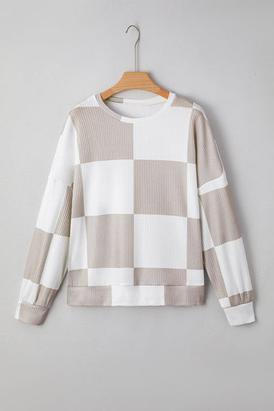 Women's Taupe Checkered Waffle Knit Long Sleeve Blouse