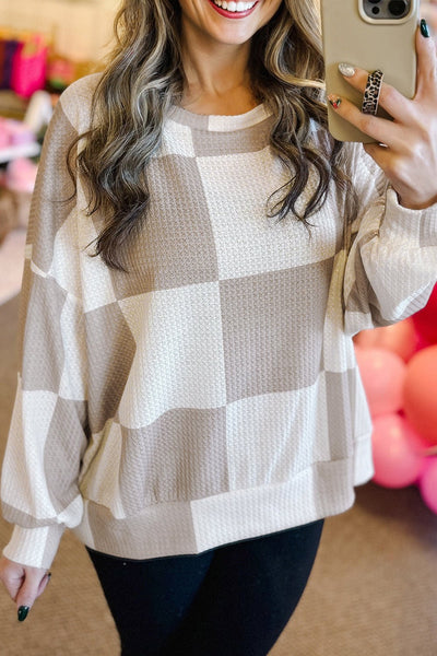 Women's Taupe Checkered Waffle Knit Long Sleeve Blouse