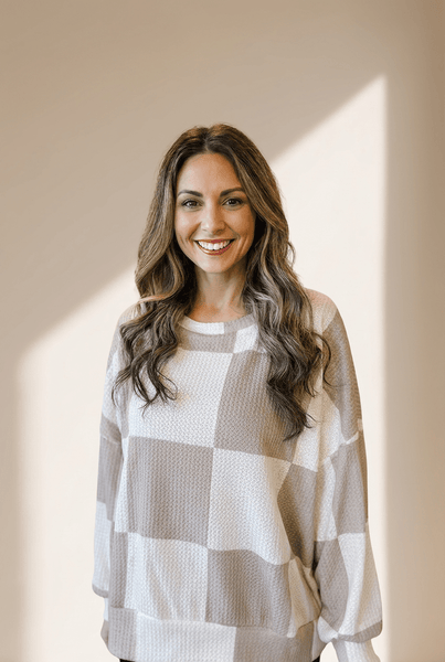 Women's Taupe Checkered Waffle Knit Long Sleeve Blouse