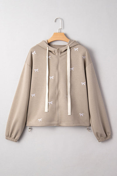 Women's Taupe Embroidered Fleece Zip-Up Hoodie Jacket